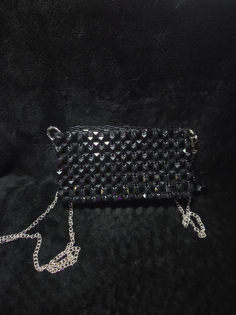 Black Studded Wristlet Clutch with Silver Chain Strap